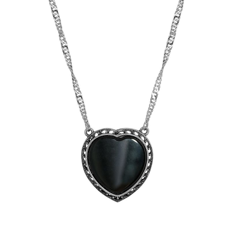 1928 Silver Tone Stone Heart Pendant Necklace, Womens, Size: 16, Black