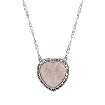 1928 Silver Tone Stone Heart Pendant Necklace