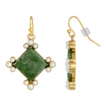 1928 Gold Tone Aventurine & Simulated Pearl Drop Earrings