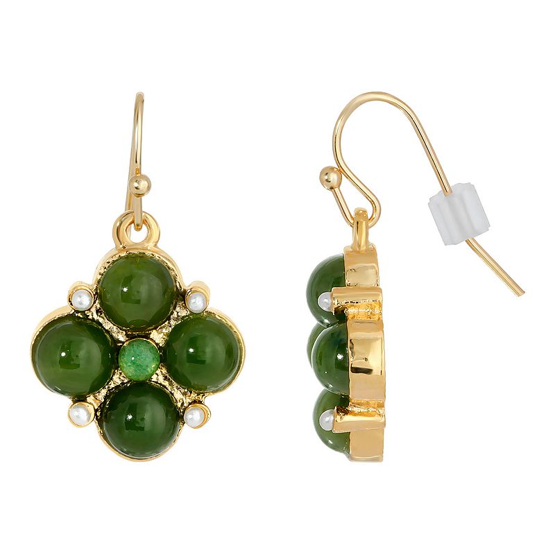 1928 Gold Tone Aventurine & Simulated Pearl Drop Earrings, Womens, Green