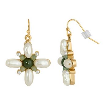 1928 Gold Tone Simulated Pearl & Aventurine Star Drop Earrings