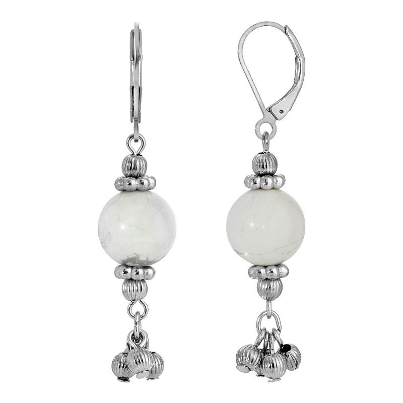 1928 Silver Tone White Howlite Round Beaded Drop Earring, Womens