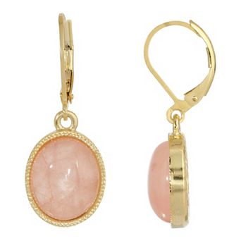 1928 Gold Tone Rose Quartz Oval Drop Earrings