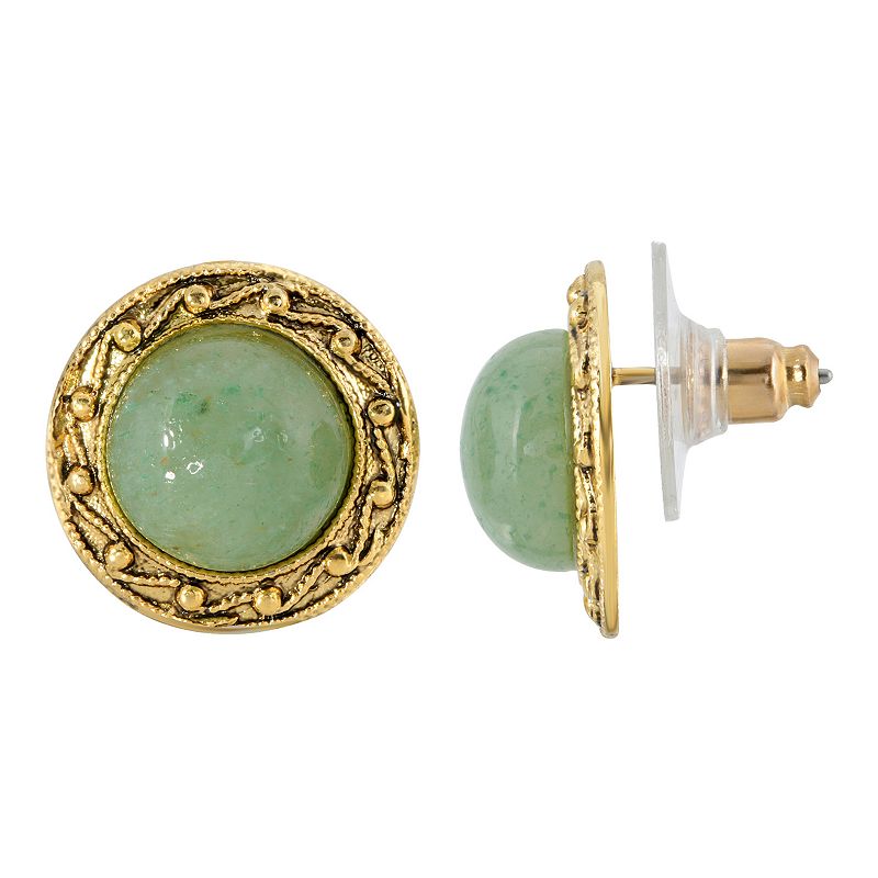 1928 Gold Tone Round Adventurine Button Earrings, Womens, Green