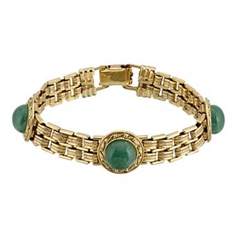 1928 Gold Tone Round Green Adventurine Link Bracelet