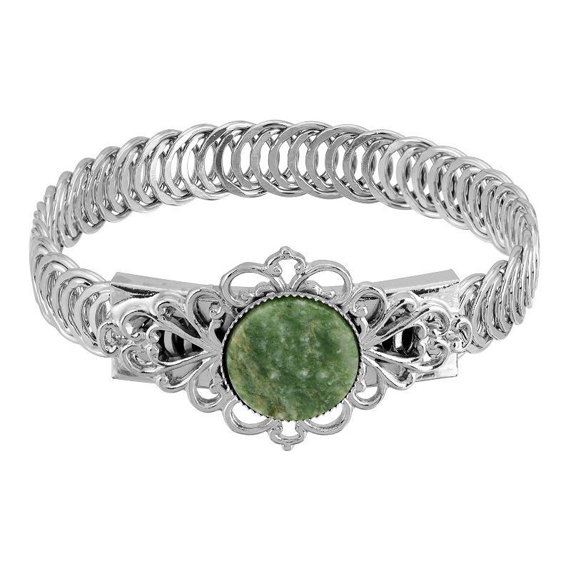 1928 Silver Tone Green Aventurine Belt Bracelet, Womens