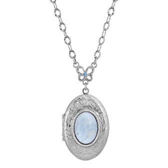 1928 Silver-tone Blue Lace Agate Oval Locket Pendant Necklace