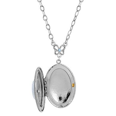 1928 Silver Tone Blue Lapis Oval Locket Pendant Necklace