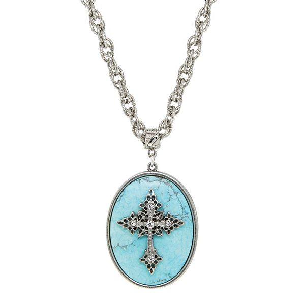 1928 Silver Tone Turquoise Oval Crystal Cross Pendant Necklace