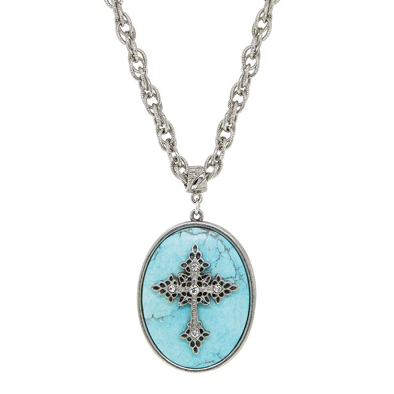 1928 Silver Tone Turquoise Oval Crystal Cross Pendant Necklace, Womens, S