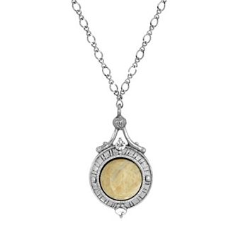 1928 Silver Tone Riverstone Round Stone Pendant Necklace