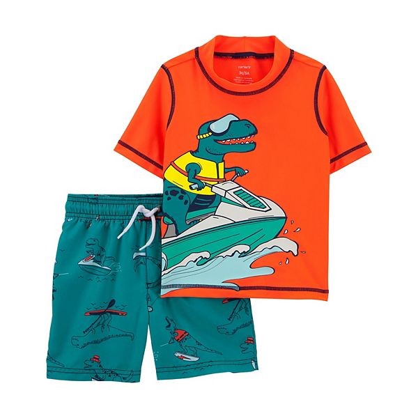 Toddler Boy Carter's Dinosaur Jet Ski Rash Guard Top & Shorts Set