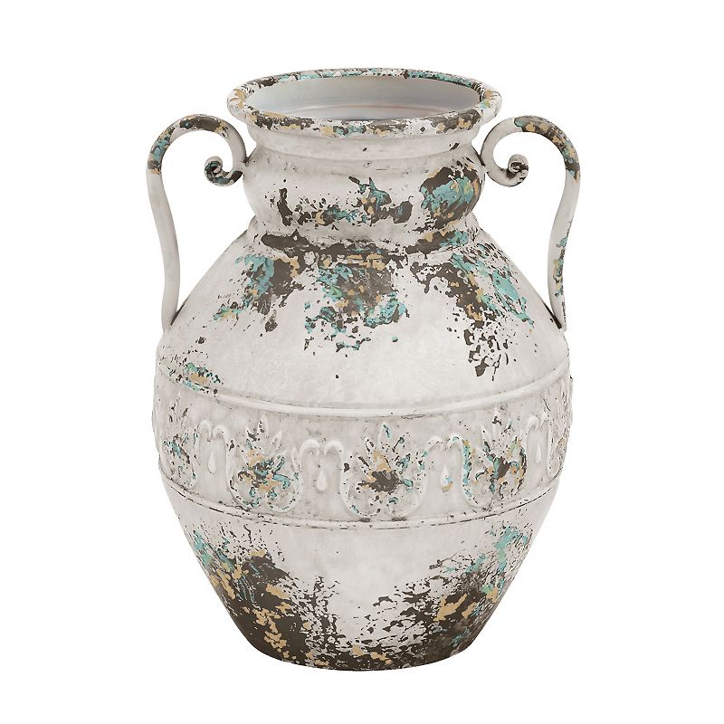 Stella & Eve Vintage Style Distressed White Metal Amphora Vase with Embosse