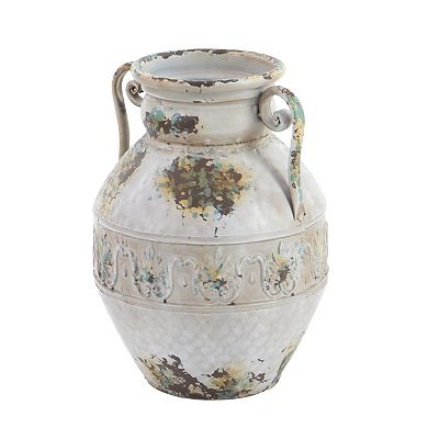 Stella & Eve Vintage Style Distressed White Metal Amphora Vase with Embossed Acanthus Designs