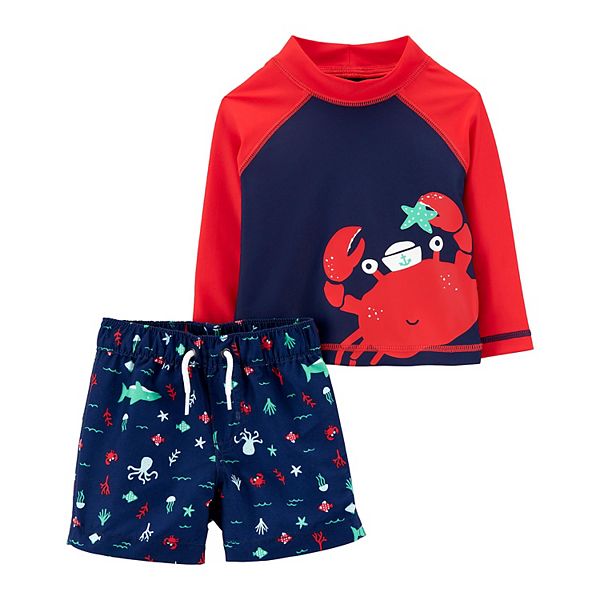FBA Baby Toddler Boys Two Pieces Swimsuit Set Boys Crab Bathing Suit Rash Guards with Hat UPF 50 Crab, 3-4 Years 