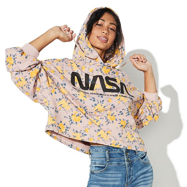 Juniors' Public Library NASA Floral Oversize Crop Hoodie