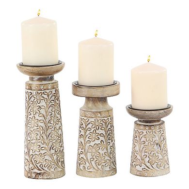 Stella & Eve Mango Wood & Iron Carved Floral Candle Holders 3-pc. Set