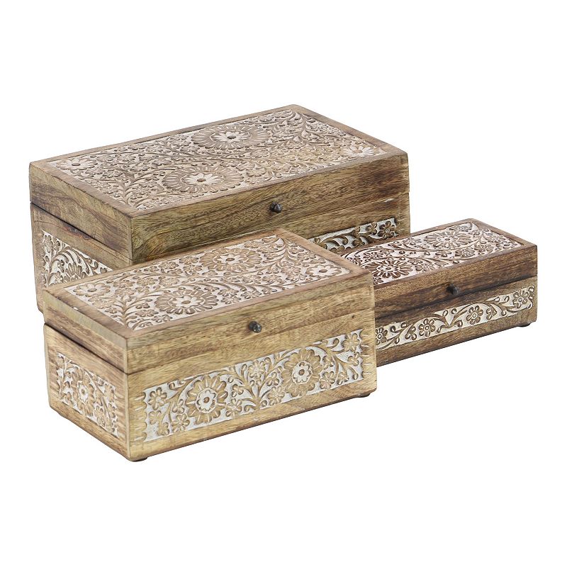 Stella & Eve Carved Floral Decorative Box Table Decor 3-piece Set, Brown, S