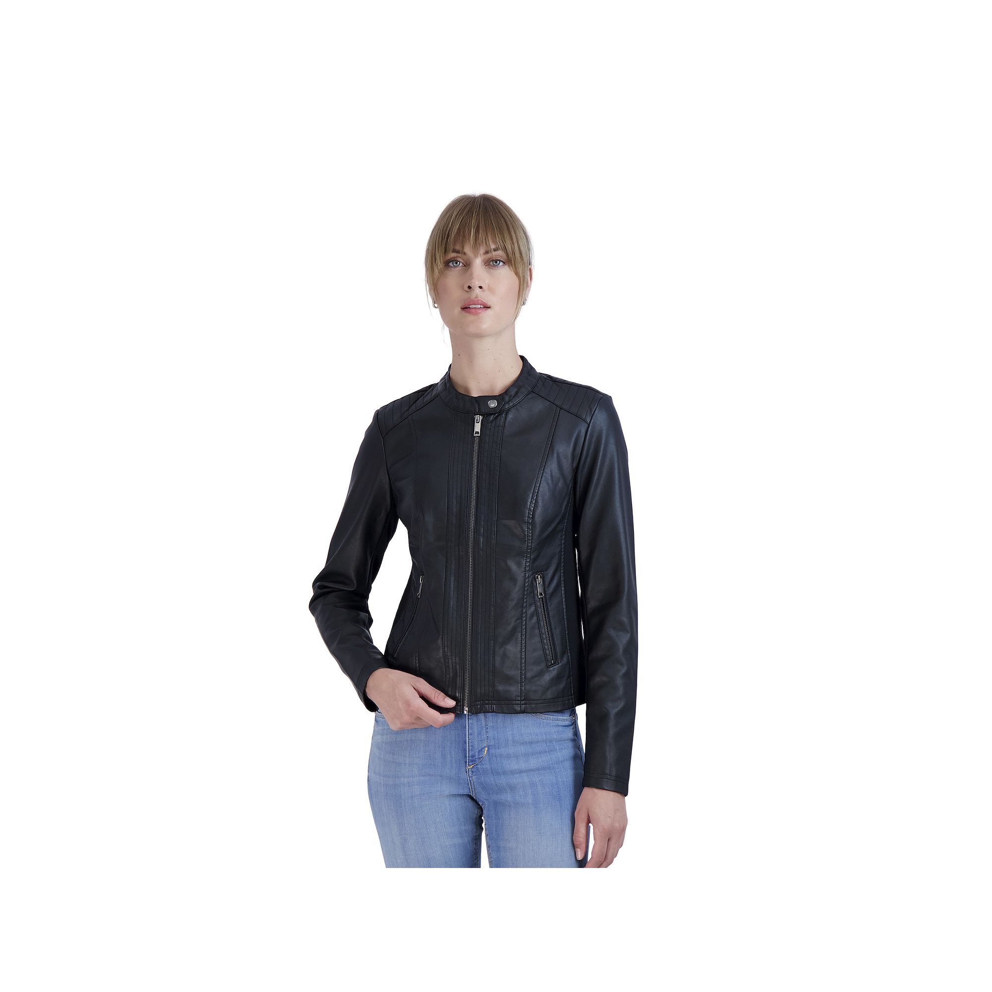 Womens Sebby Collection Faux-Leather Racing Jacket, Size: Small, Black