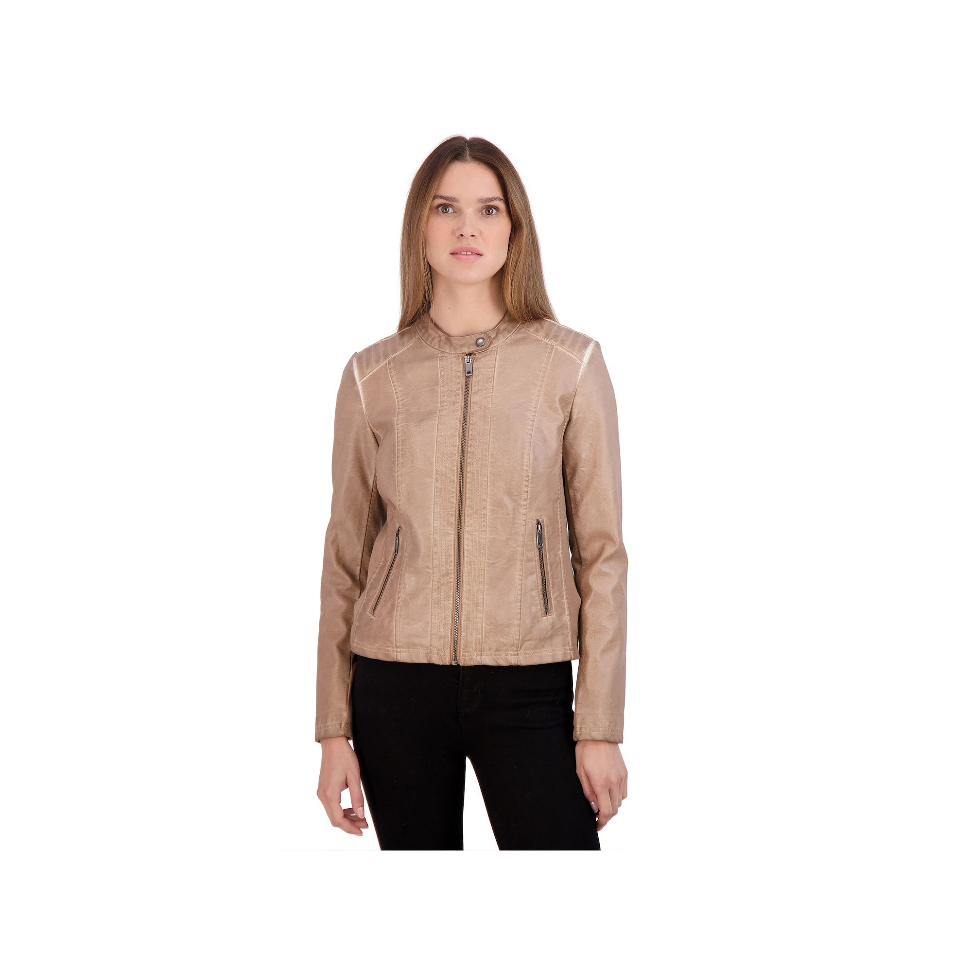 Womens Sebby Collection Faux-Leather Racing Jacket, Size: Small, Dark Beig