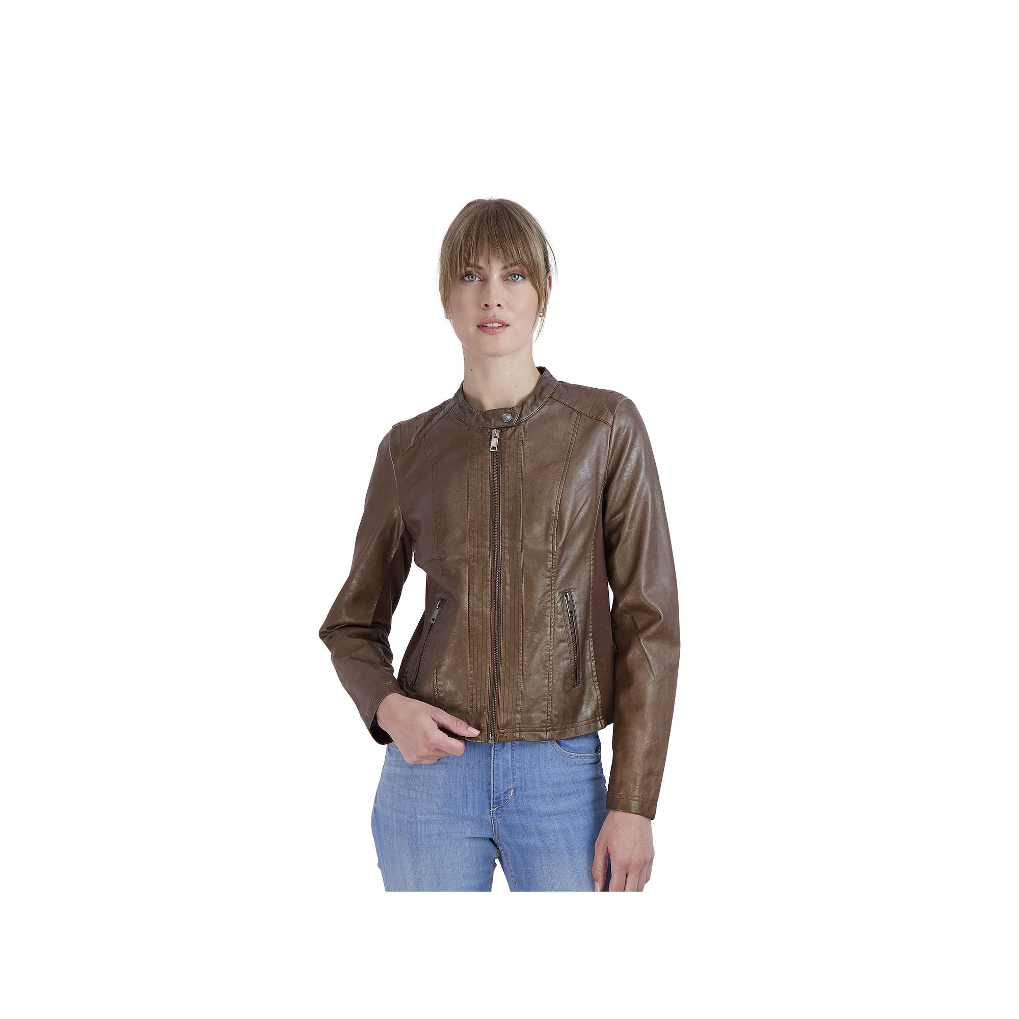 Womens Sebby Collection Faux-Leather Racing Jacket, Size: Small, Whiskey