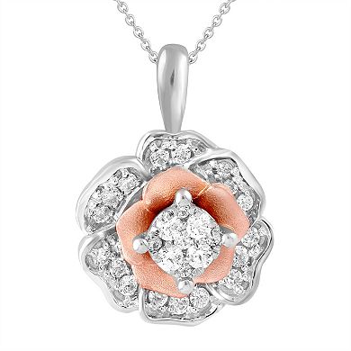 Royal Aura 10k Rose Gold Sterling Silver 1/4 Carat T.W. Diamond Floral Cluster Pendant Necklace