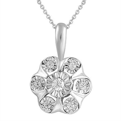 Royal Aura Sterling Silver 1/8 Carat T.W. Diamond Floral Cluster Pendant Necklace