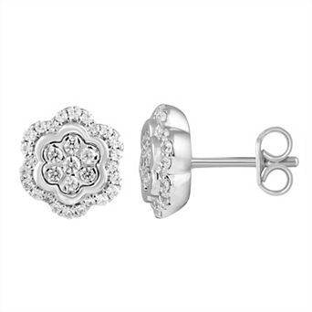 Sterling Silver 1/2 Carat T.W. Diamond Floral Cluster Stud Earrings