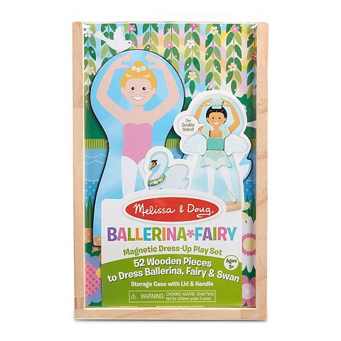 Детские куклы Melissa and Doug Ballerina And Fairy Magnetic Dress-Up Double-Sided Wooden Doll And Swan Pretend Play Set