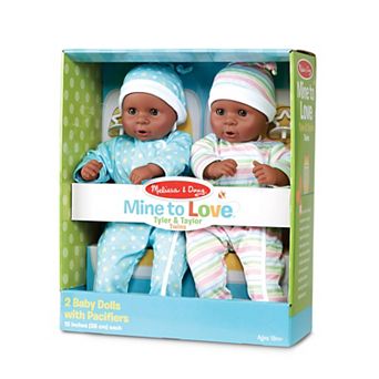 Melissa & Doug Mine to Love Twins Tyler & Taylor 15" Dark Skin-Tone Boy and Girl Baby Dolls with Rompers, Caps, Pacifiers
