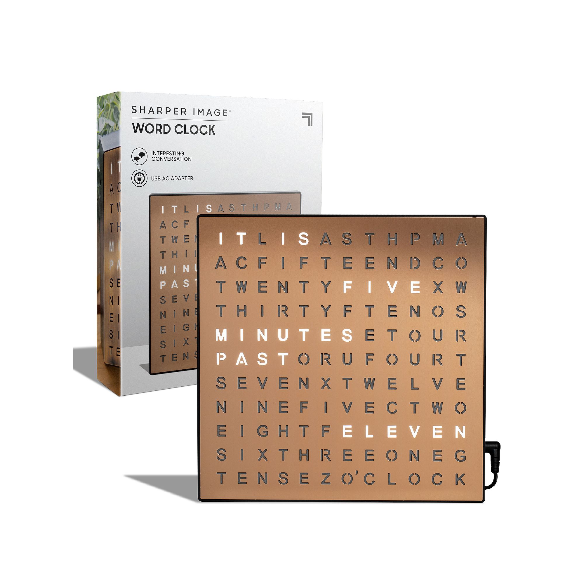 Sharper Image LED Tabletop Word Clock, Brown Black