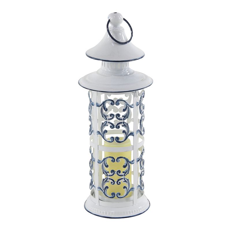 Stella & Eve French Country Blue & White Metal Lantern with Finial & Ring, 