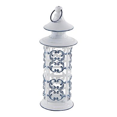 Stella & Eve French Country Blue & White Metal Lantern with Finial & Ring