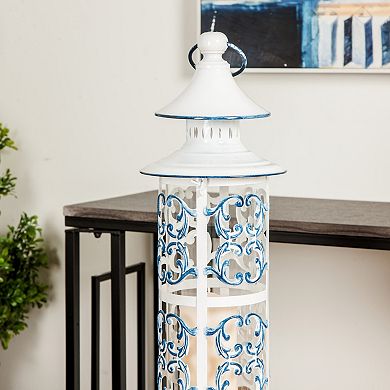 Stella & Eve French Country Blue & White Metal Lantern with Finial & Ring
