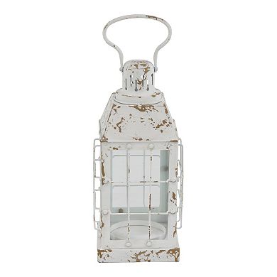 Stella & Eve Rustic Distressed White Iron & Glass Window Candle lantern