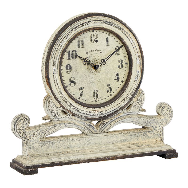 Stella & Eve Farmhouse Round Scroll Work Wooden Table Clock, Grey, Medium