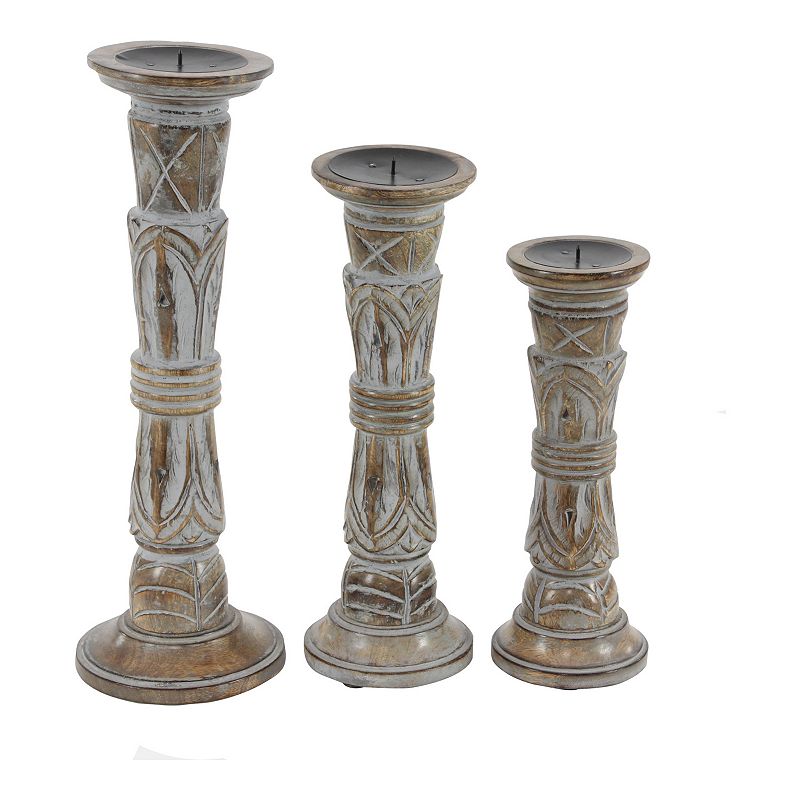Stella & Eve Traditional Carved Mango Wood Candle Holders 3-pc. Set, Beig/G