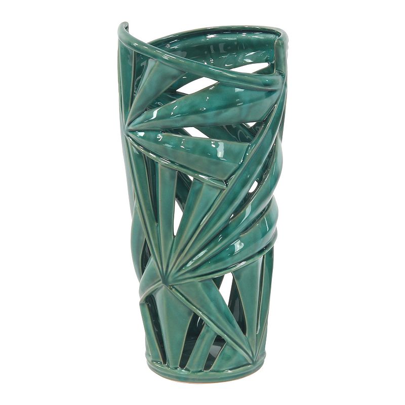 Stella & Eve Modern Style Green Ceramic Vase with Palm Leaf Silhouette, Med