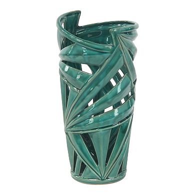 Stella & Eve Modern Style Green Ceramic Vase with Palm Leaf Silhouette
