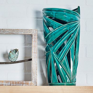 Stella & Eve Modern Style Green Ceramic Vase with Palm Leaf Silhouette