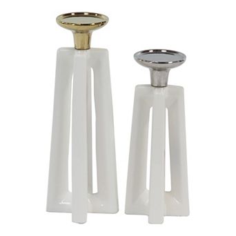 CosmoLiving by Cosmopolitan Gold & White Stone Modern X-Shaped Candle Holders 2 pc Set