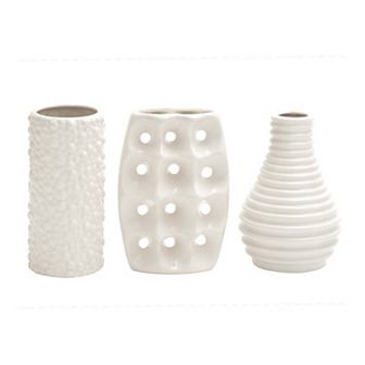 CosmoLiving by Cosmopolitan Modern Style Alabaster Ceramic Vases with Pierced Grid, Knotted, & Ridged Finishes 3 pc Set