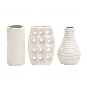 CosmoLiving by Cosmopolitan Modern Style Alabaster Ceramic Vases with Pierced Grid, Knotted, & Ridged Finishes 3 pc Set