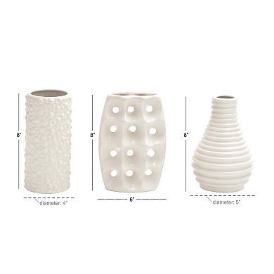 Stella & Eve Modern Style Alabaster Ceramic Vases with Pierced Grid, Knotted, & Ridged Finishes 3-pc. Set