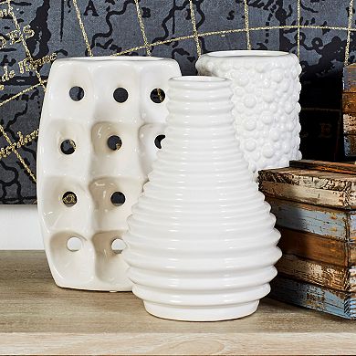 Stella & Eve Modern Style Alabaster Ceramic Vases with Pierced Grid, Knotted, & Ridged Finishes 3-pc. Set