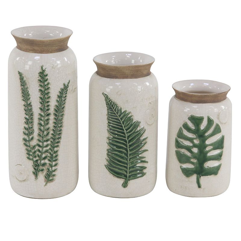 Stella & Eve Country Cottage Ceramic Vases with Leaf Details 3-pc. Set, Whi