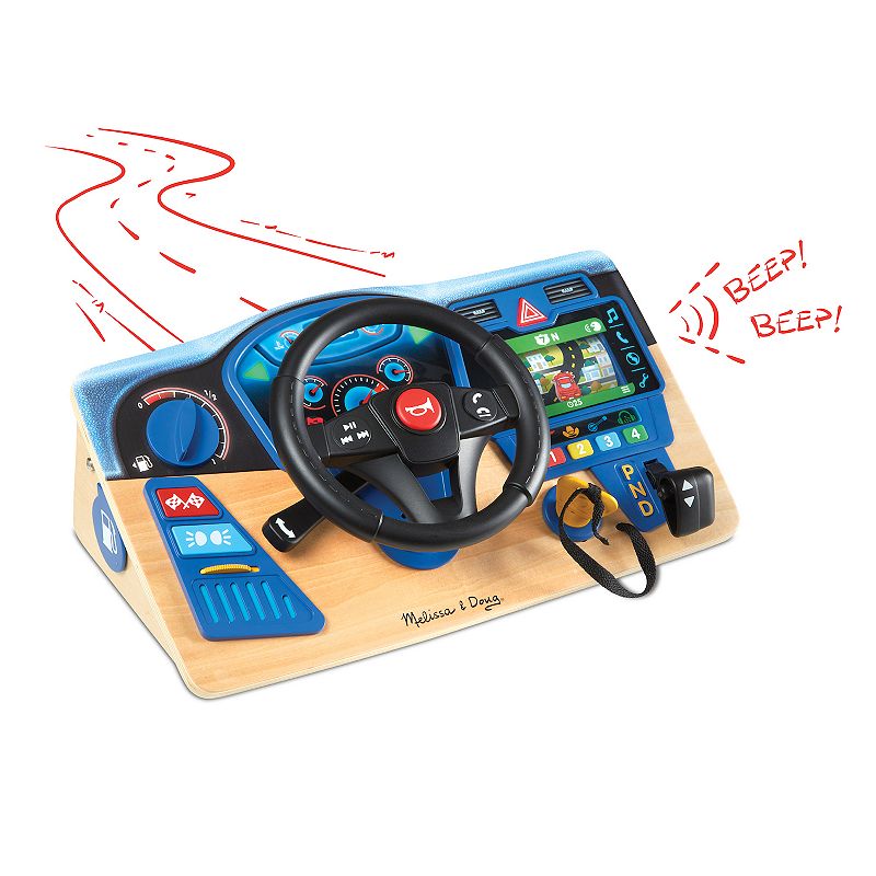 Melissa & Doug Vroom & Zoom Interactive Wooden Dashboard Steering Wheel Pretend Play Driving Toy