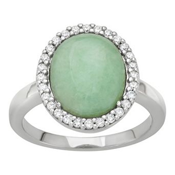 Dynasty Jade Sterling Silver Jade & Cubic Zirconia Halo Ring