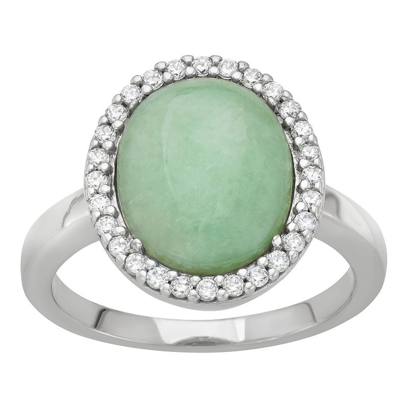 Sterling Silver Jade & Cubic Zirconia Halo Ring, Womens, Size: 8, Green