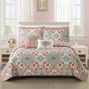 Serenta 5 pc Bennington Damask Printed Quilt Set with Coordinating Throw Pillows